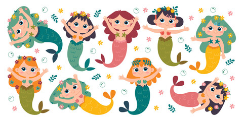 Happy cute mermaids cartoon characters with flowers in hair, floral wreath on head isolated set