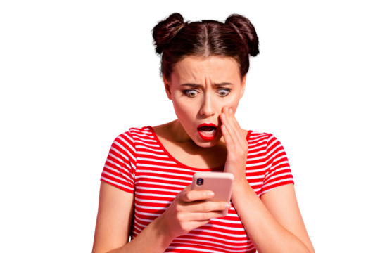Close-up portrait of her she nice-looking cute charming attractive lovely magnificent sad girl wearing striped t-shirt holding in hands device gadget reading news isolated on pink pastel background