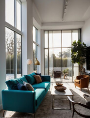 Sonnendurchflutetes Wohnzimmer mit hohen Fenstern und elegantem Sofa - obrazy, fototapety, plakaty
