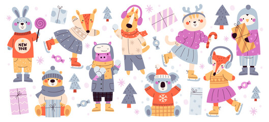 Cute animals characters wearing warm winter clothes outwear for walk and play outside isolated set