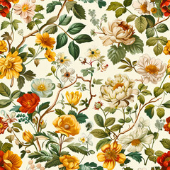 Retro Floral Elegance: Vintage Spring Garden Pattern, Captivating Retro Design, Created using generative AI	