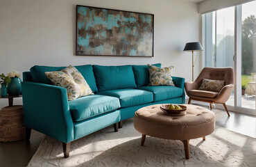 Modernes Wohnzimmerdesign mit türkisem Sofa und eleganten Möbeln - obrazy, fototapety, plakaty