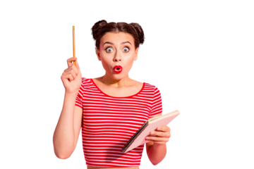 Portrait of her she nice cute charming attractive amazed teen girl wearing striped t-shirt pointing pencil up copybook isolated over pink pastel background