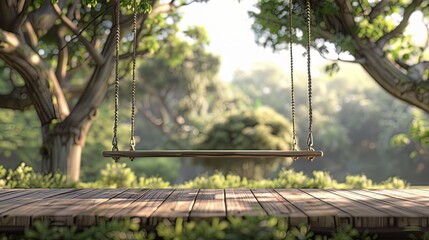 Visualize an enchanting 3D render: an old wooden terrace adorned with a wicker swing suspended from...