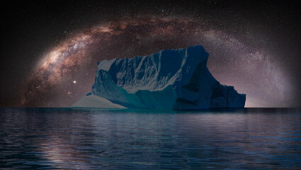 Melting icebergs by the coast of Greenland with Milky Way galaxy- Melting of a iceberg and pouring...
