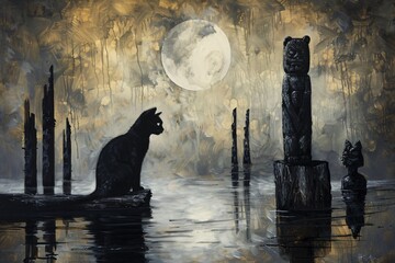a cat sitting on a dock in water with a moon in the background - Powered by Adobe