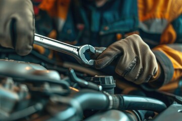 mechanic hands using a wrench to service a car engine, focused on maintenance work in a garage