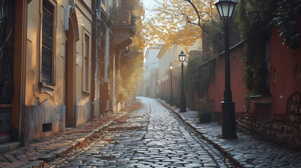 A cobblestone street with vintage lampposts background