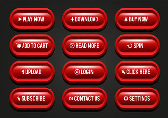 Buttons for web design. Red striped buttons in a black frame. Set of vector 3D buttons.
