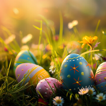 The sun beams, colorful Easter eggs in a flower meadow, and Easter Day decorations. Gorgeous image of adorned Easter eggs with text space available.