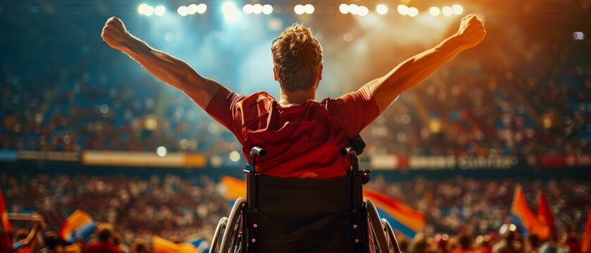Triumphant Paralympic Athlete Celebrating Victory in Wheelchair. Generative ai