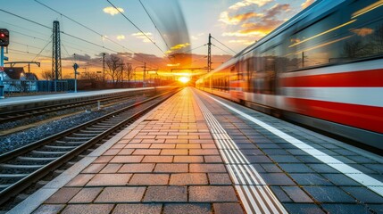 Speeding Train at Sunset on Railway Platform. Generative ai - obrazy, fototapety, plakaty