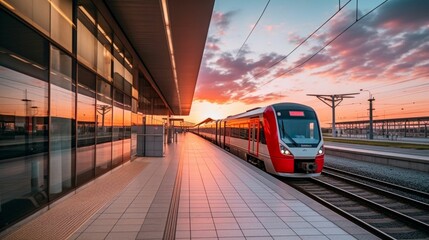 Speeding Train at Sunset on Railway Platform. Generative ai - obrazy, fototapety, plakaty