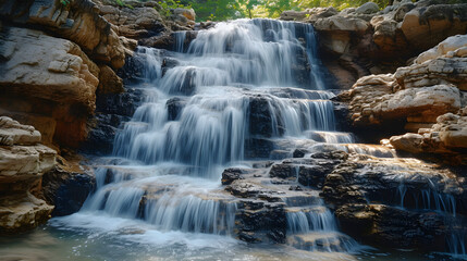 A cascading waterfall surrounded by rocks background