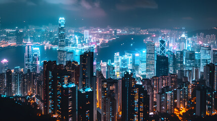 A bustling urban skyline at night background