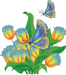 Set of illustration bouquet flower vector design with butterfly vector design on a white background