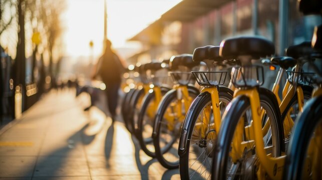 City Bike Sharing Station in Golden Morning Light. Generative ai