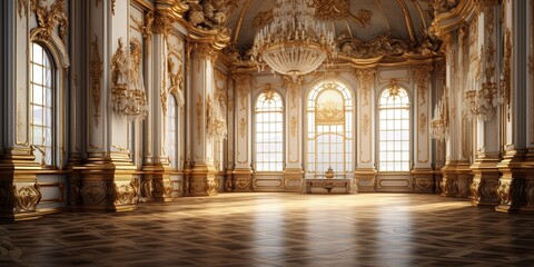A classic extravagant European style palace room with gold decorations. Realistic illustration. wide format