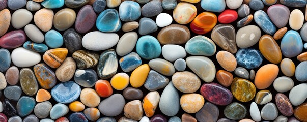 long narrow panoramic view background multicolored sea polished stones, rolled pebbles on the seashore texture gems