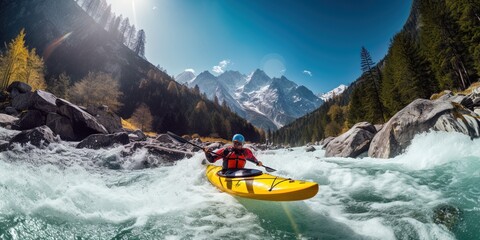 whitewater kayaking, down a white water rapid river in the mountains.