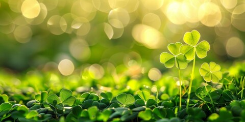 Green clover leaves illuminated by warm sunlight, creating a fresh and serene backdrop.