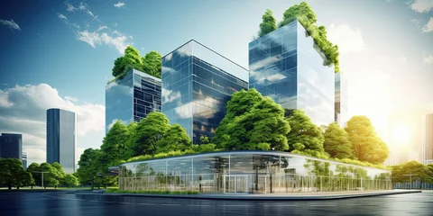 Deurstickers Sustainble green building in modern city. Corporate building reduce CO2. Eco-friendly building. Green architecture. Sustainable glass office building with tree for reducing carbon dioxide. © Sanych