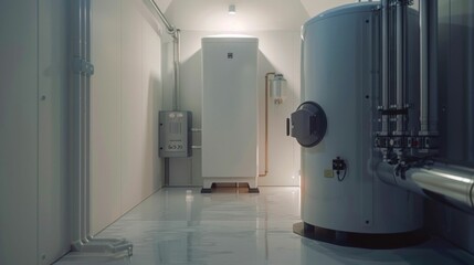 Modern Boiler Room with Water Heaters and Piping. Generative ai