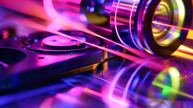 The intricate dance of light within a lens as laser beams interact with lens elements under the spectral glow of black light in closeup