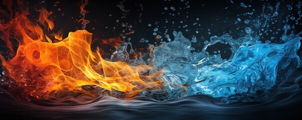 fire and water on black - opposite energy - obrazy, fototapety, plakaty
