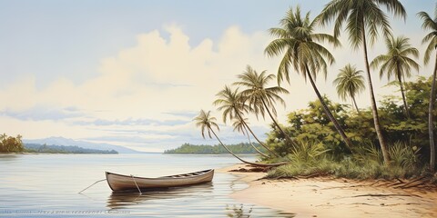 A serene view of a brown and white canoe floating on shallow waters near a tropical beach lined with palms - obrazy, fototapety, plakaty