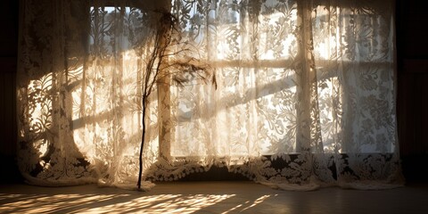 Beautiful, intricate lace curtain catches the morning light, casting complex shadows