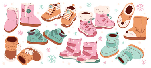 Winter season warm shoes footgear for children to protect legs from cold weather vector illustration