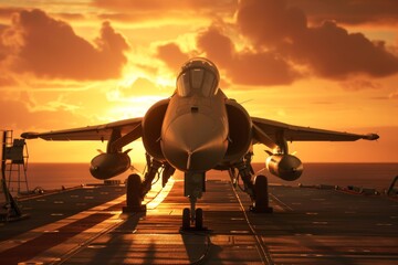 A fighter plane poised for takeoff with the setting sun behind it