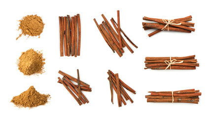 Cinnamon Sticks Set Isolated, Cinnamon Powder Collection, Ground Cinamon Bark on White