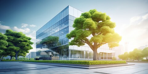 Eco-friendly building in the modern city. Sustainable glass office building with trees for reducing heat and carbon dioxide. Office building with green environment. - obrazy, fototapety, plakaty