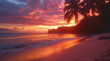 Fototapeten fiery sunrise on the sky with shades of orange and pink over a beach © Ateeq