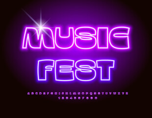 Vector event banner Music Fest. Violet Electric Font. Trendy Illuminated Alphabet Letters and Numbers set.