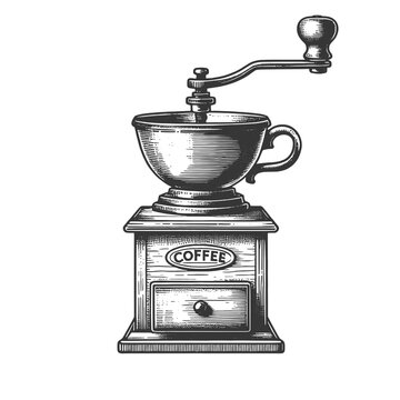 Vintage manual coffee grinder, ideal for coffee enthusiasts and historical kitchenware themes sketch engraving generative ai raster illustration. Scratch board imitation. Black and white image.