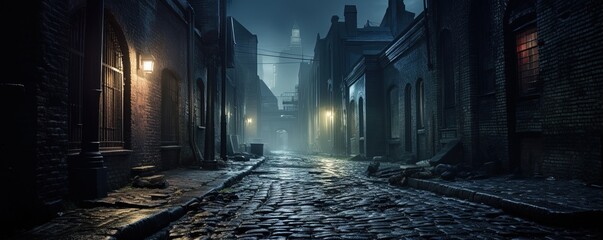 Dark and scary vintage cobblestone brick city alley at night in Chicago - obrazy, fototapety, plakaty