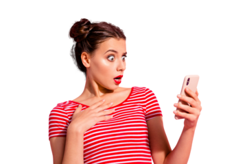 Close-up portrait of her she nice-looking cute charming attractive adorable magnificent stunned girl wearing striped t-shirt holding in hand gadget device isolated over pink pastel background