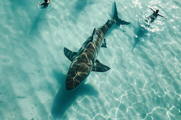 enormous shark in the clear, turquoise waters and people swimming near, top view - obrazy, fototapety, plakaty