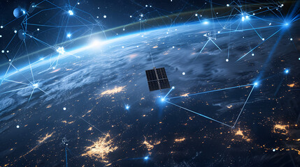 Illustrate a network of advanced satellites orbiting a planet, capturing and transmitting data