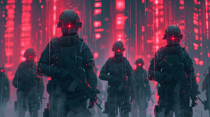 Illustrate a group of rebels or hackers in a digital realm, fighting against a tyrannical AI or oppressive digital regime