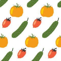 Seamless pattern with ripe tomatoes and cucumbers. Applique style drawing. Background, wrapping paper.