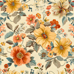 Springtime Blossoms Retro Pattern: Vintage Floral Garden, Captivating Seamless Design, Created using generative AI	