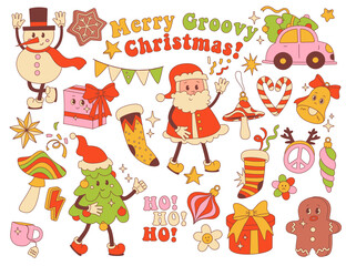 Groovy hippie Christmas trendy retro stickers set with cute Santa Claus, holidays sweets and stuff