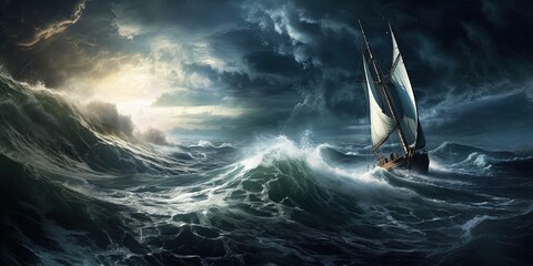sailboat in the sea during storm - obrazy, fototapety, plakaty