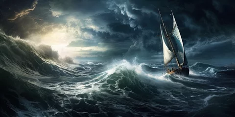 Rolgordijnen sailboat in the sea during storm © Sanych