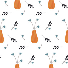 Seamless background with hand-drawn vases and flowers. Pattern with tulip flowers