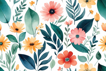 Beach cheerful seamless pattern wallpaper of tropical dark green leaves of palm trees and flowers bird of paradise (strelitzia) plumeria on a watercolor background - obrazy, fototapety, plakaty